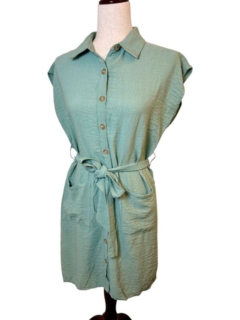And Now This Green Belted Button Front Shirt Dress Coastal Casual Small